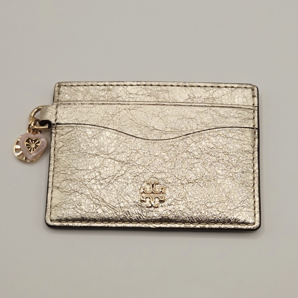 Tory Burch Metallic Gold Emerson Slim Card Case  with Charm New Without Tags